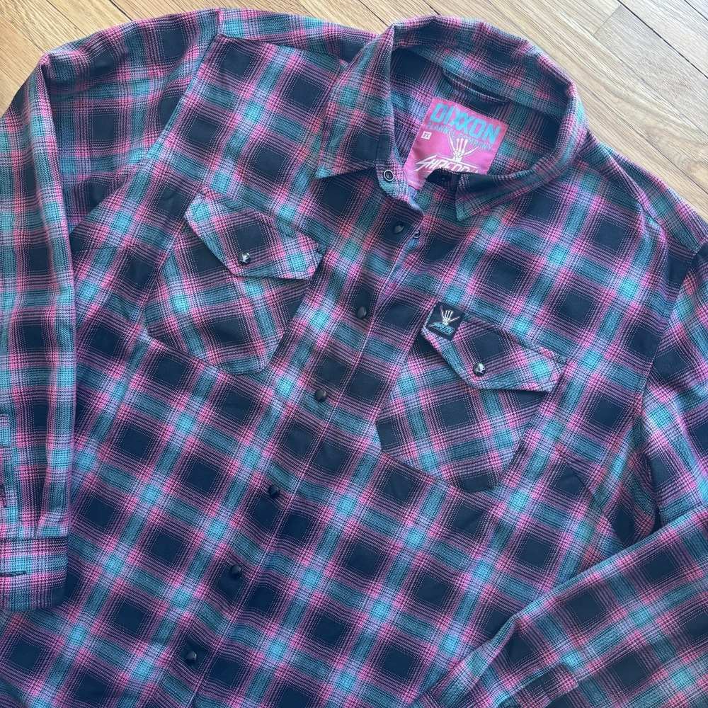 Dixxon Shirt Womens 2XL Shreddy Collab Pink Turquoise Plaid Flannel Long Sleeve